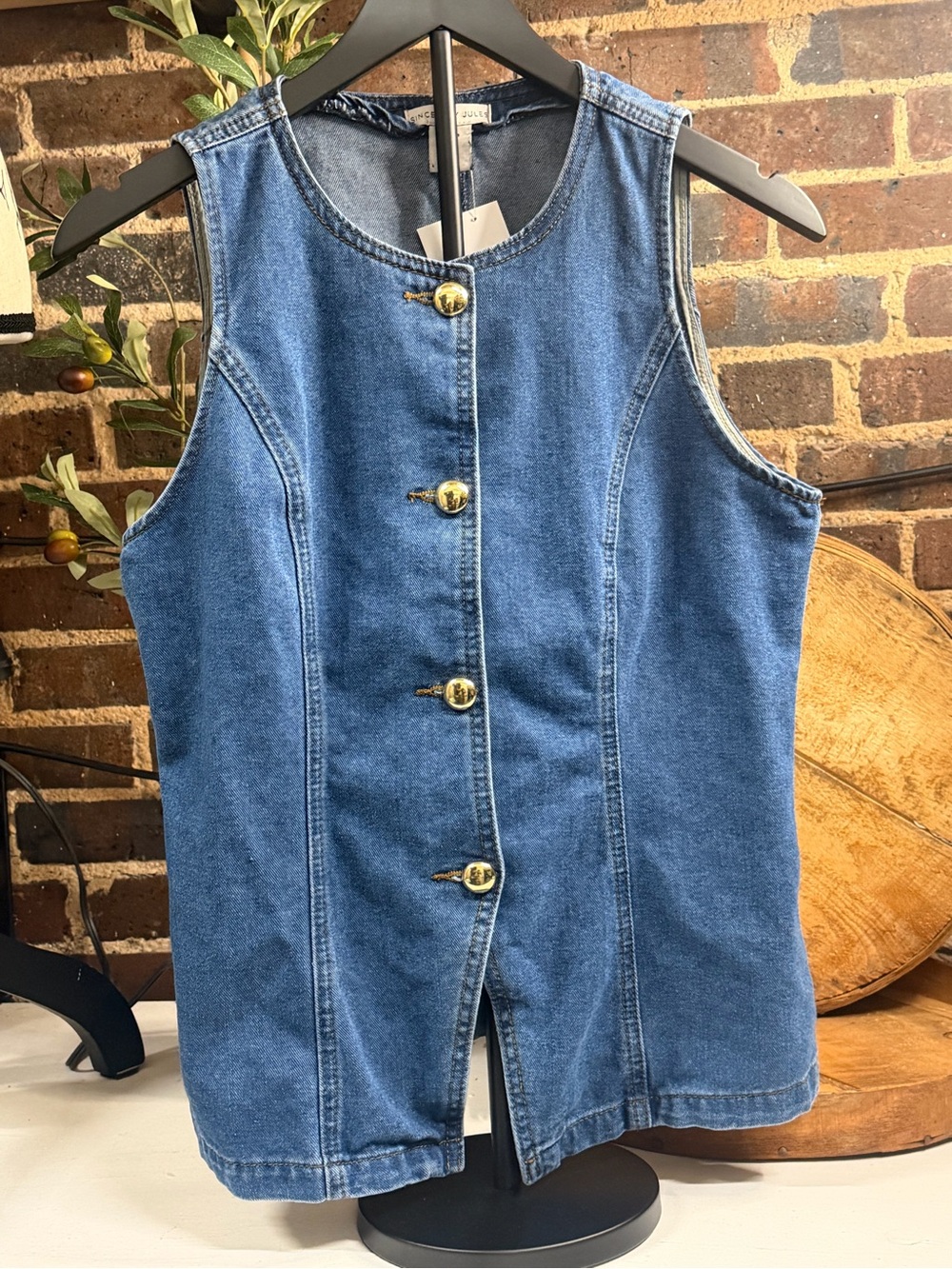 Sincerely Jules Denim Sleeveless Button Up Vest in Blue Medium